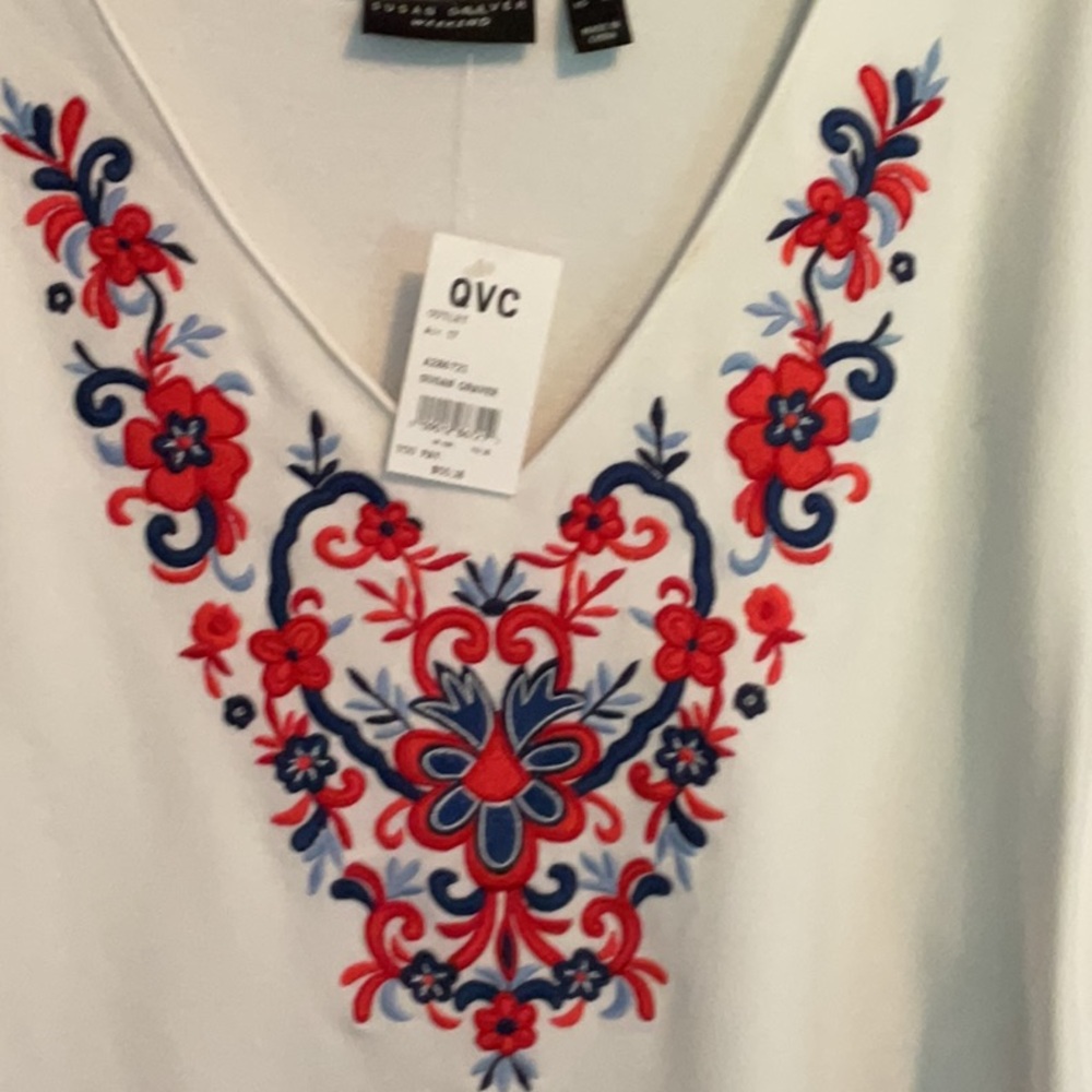 Susan Graver White Top with Red and Blue Embroidery